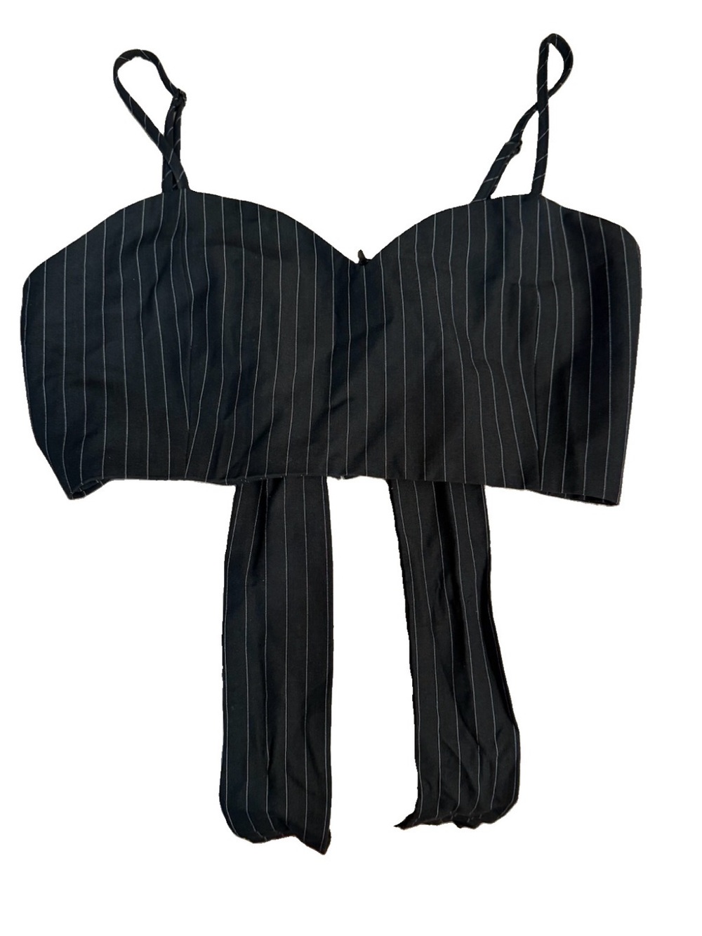 Gracia Black Pinstripe Tie-Back Cropped Bustier Top